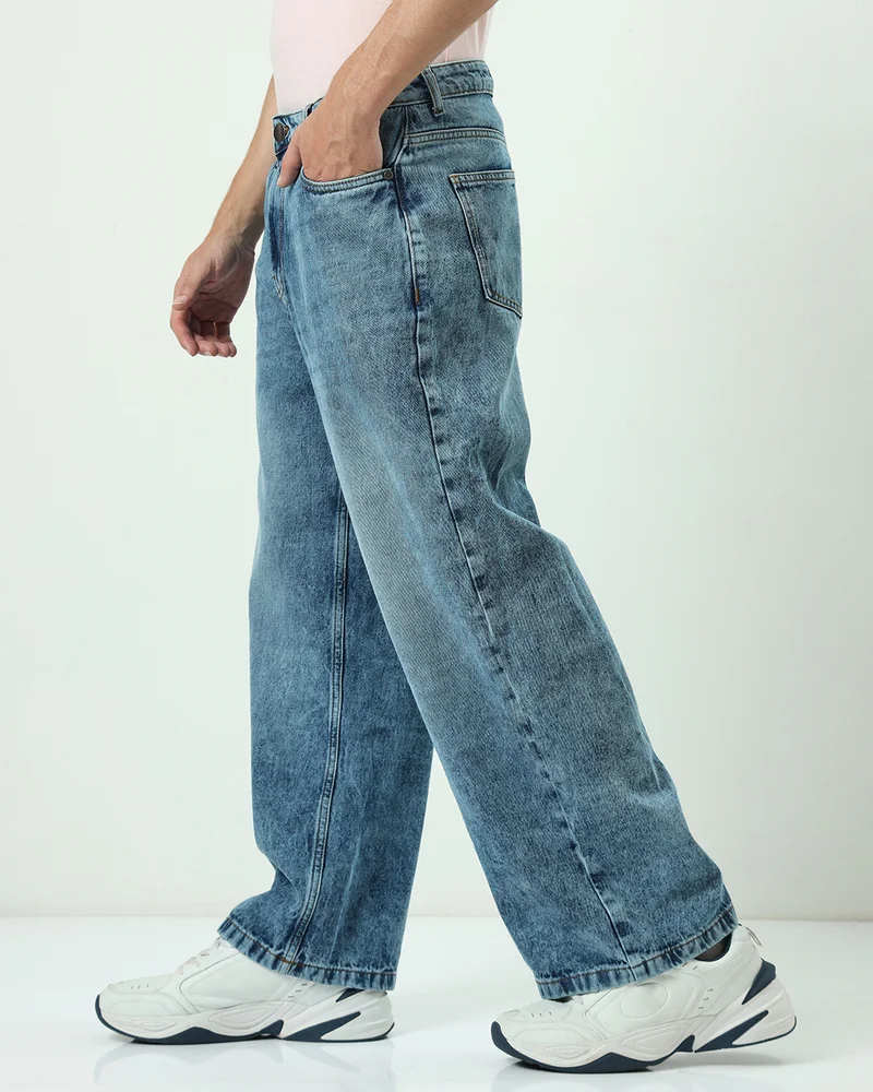 بيواكوف جينز رجالي أزرق مغسول بقصة فضفاضة جداً وخصر متوسط