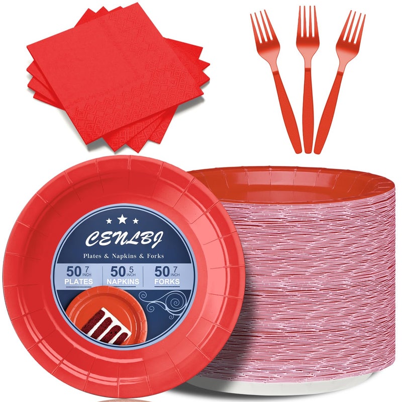 CENLBJ Red Paper Plates and Napkins Include 7inch Paper Dessert Plates Napkins Plastic Forks  Disposable Party Supplies for Birthday Wedding Party Family Picnic for 50 Guests - Image 1