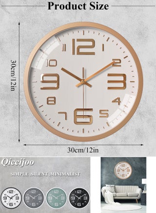 Qiccijoo Wall Clock 12-inch Silent Non-Ticking Round Wall Clocks Battery Operated Easy to Read for Home/Office/School/Kitchen/Bedroom/Living Room(Gold) - view 2