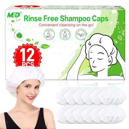 Med Shampoo Caps No Rinse Waterless Hair Washing Shower Caps 12 Packs for Elderly, Women, Hospital, Camping - Image 1