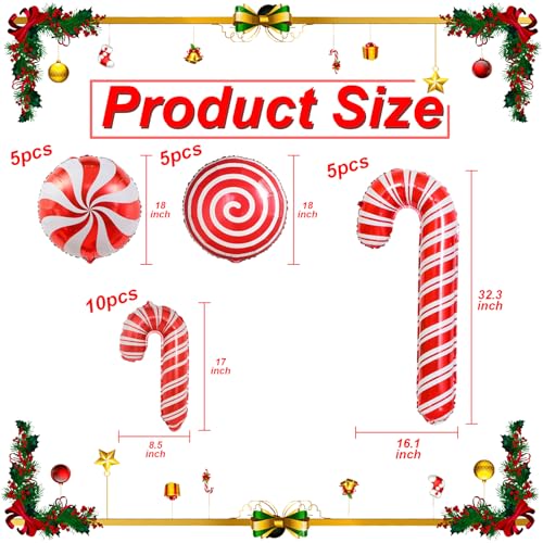 Villorem 25Pcs Christmas Candy Cane Balloons Red Round Candy Foil Balloons for Christmas Birthday Party Holiday Photo Backdrop Candies Theme Decoration Party Supplies - Image 5