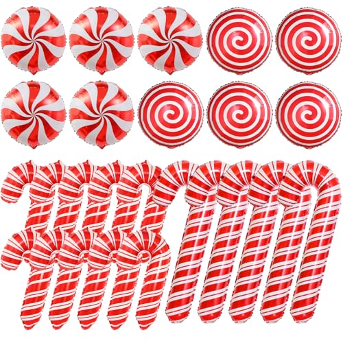 Villorem 25Pcs Christmas Candy Cane Balloons Red Round Candy Foil Balloons for Christmas Birthday Party Holiday Photo Backdrop Candies Theme Decoration Party Supplies - Image 1