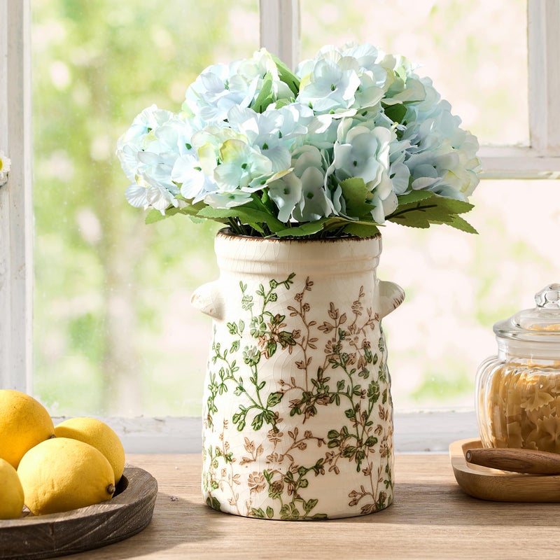 SIDUCAL Ceramic Green and Beige Retro Vase with Two-Ear, 7.6 Inch Ice Cracked Vintage Pastoral Vase, Rustic Farmhouse Vases for Home Decor, Table, Living Room, Shelf Decor, Chinoiserie Decor - Image 5