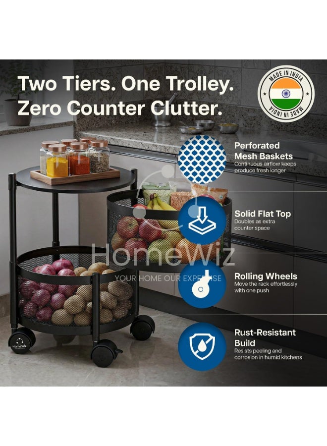 HomeWiz رف مطبخ دائري من HomeWiz (مكون من طبقتين) | عربة متينة من الفولاذ تدوم مدى الحياة | وحدة تخزين للمطبخ | رف للبصل والبطاطس | رف تخزين متعدد الاستخدامات للفواكه والخضروات | مقاوم للصدأ تماماً - Image 2