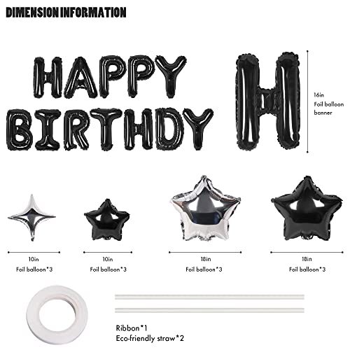 CANREVEL Happy Birthday Banner 13pcs 16 Inch Mylar Foil Letters with 12pcs Star Balloons Birthday Party Decorations - 3D Black - Image 2