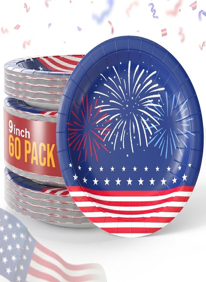 Party Solids 4th of July Plates, 9-Inch 4th of July Paper Plates, Patriotic Paper Plates for Patriotic Party Supplies, 60 Pieces, Heavy Duty 350 GSM, American Flag Design - Image 1