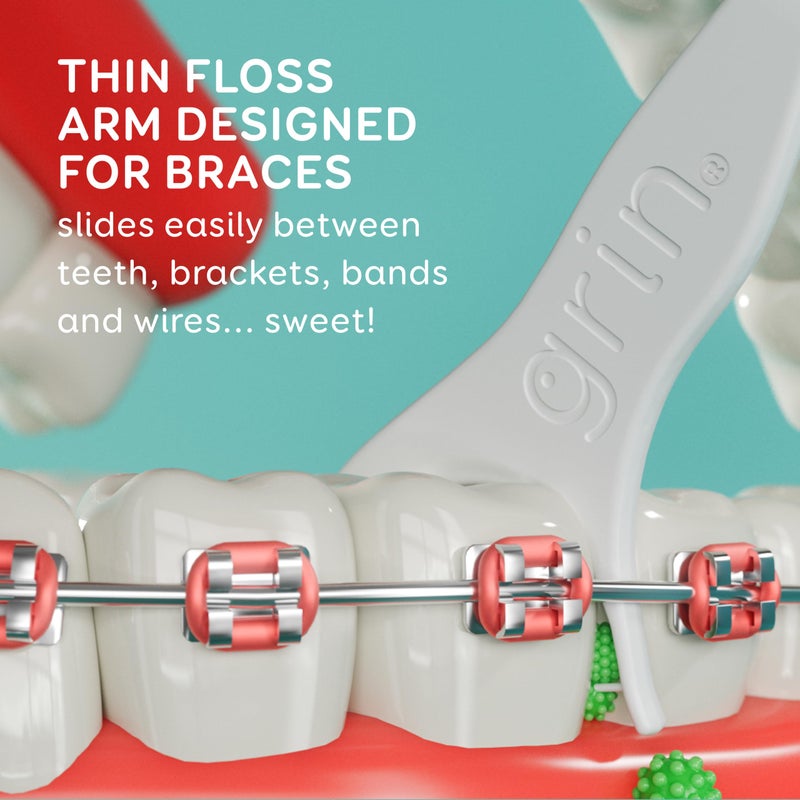 GRIN Braces Flosser, Floss Picks Designed for Braces, 60 Count, Dental Flossers, Recycled Plastic, Ortho Approved, Premium Thin Floss, Includes Handy Wax Scraper and Pick - Image 3