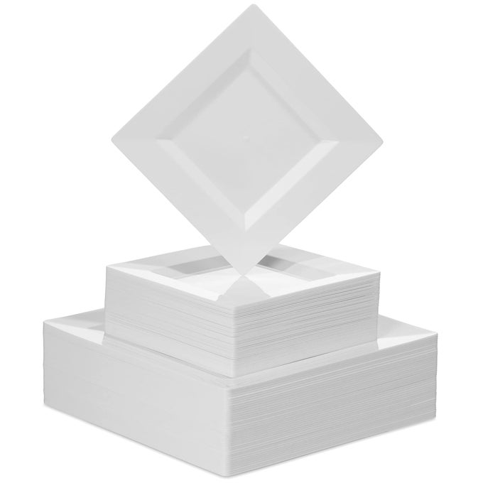 100 PCS DISPOSABLE PLASTIC WHITE SQUARE PLATES 100PACK 65 10 IN COMBO PREMIUM HEAVY DUTY SQUARE PLASTIC PLATES IDEAL FOR WEDDING PARTY EVENT OR CATERING