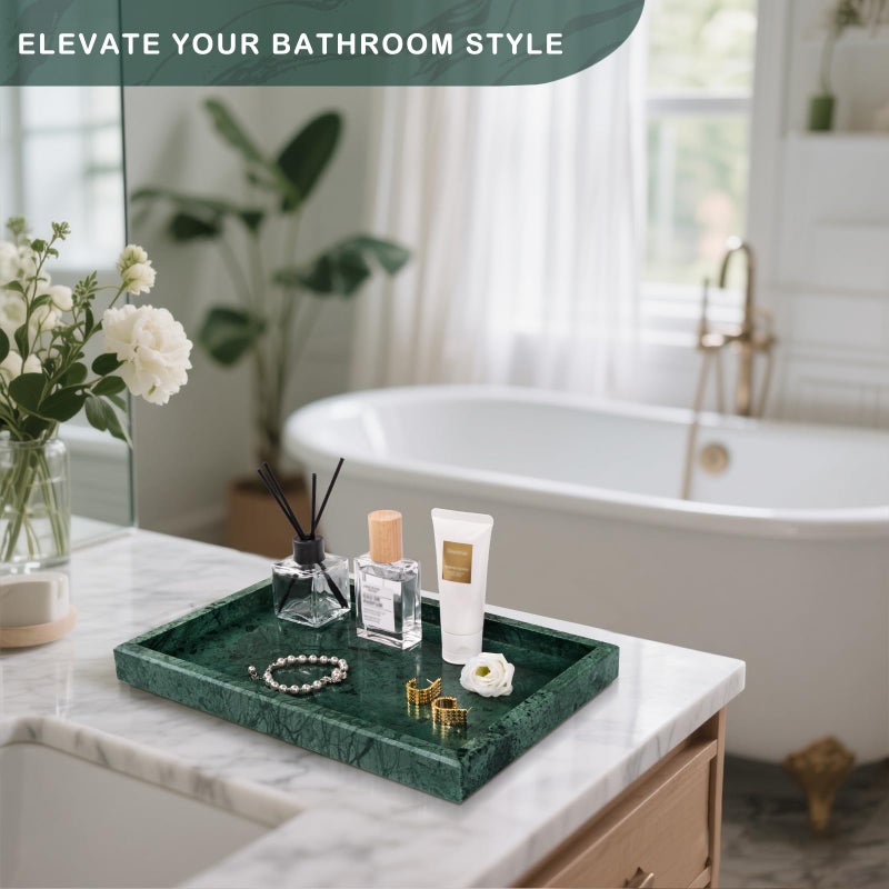 Homaura Marble Bathroom Tray for Countertop & Home Decor, Natural Decorative Marble Tray for Jewelry & Perfume Organizer, Luxury Stone Vanity Trays for Dresser, Kitchen Counter, 12" x 8", Green - Image 4