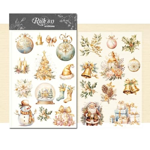CATaireen Rub On Transfers Stickers 2 Sheets for Crafts Cloth Glass Acrylic Wood Furniture Small Vintage Junk Journal Supplies Scrapbooking Items Christmas Thanksgiving Golden Christmas - Image 1