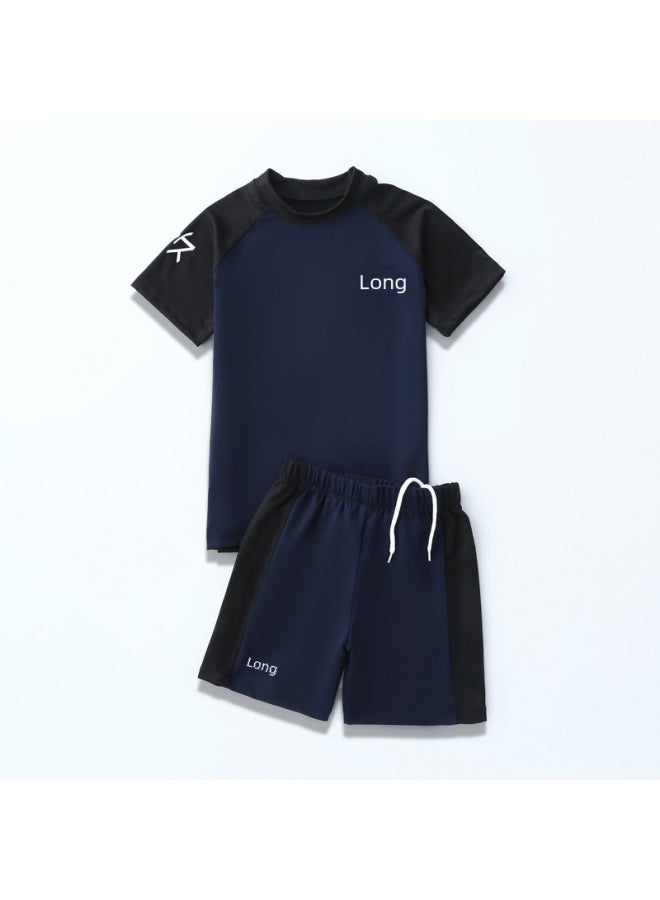 إسكدنيا ملابس سباحة للأطفال للأولاد سبليت 2024 نمط احترافي للحماية من الشمس، ربيع حار، لون سادة للأولاد، شورت سباحة - اللون: أزرق كلاسيكي وأسود - - Image 2