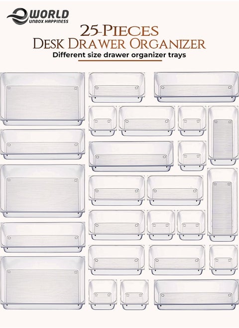 25 piece Clear Plastic Drawer Organizer Tray, Drawer Dividers Storage Bins For Bathroom, Vanity & Accessories Storage, Small & Large Plastic Containers For Makeup, Kitchen & Utensils.