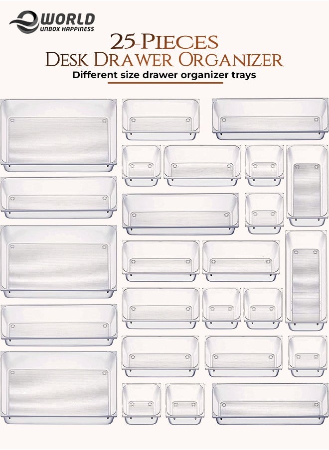 Eworld - 25 piece Clear Plastic Drawer Organizer Tray, Drawer Dividers Storage Bins For Bathroom, Vanity & Accessories Storage, Small & Large Plastic Containers For Makeup, Kitchen & Utensils. - Image 1