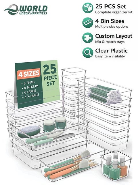 صينية منظم أدراج بلاستيكية شفافة مكونة من 25 قطعة ، وصناديق تخزين فواصل للأدراج للحمام ، وتخزين الغرور والاكسسوارات ، وحاويات بلاستيكية صغيرة وكبيرة للمكياج والمطبخ والأواني