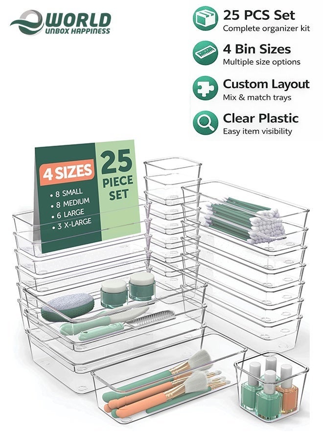 إي وورلد صينية منظم أدراج بلاستيكية شفافة مكونة من 25 قطعة ، وصناديق تخزين فواصل للأدراج للحمام ، وتخزين الغرور والاكسسوارات ، وحاويات بلاستيكية صغيرة وكبيرة للمكياج والمطبخ والأواني - Image 1
