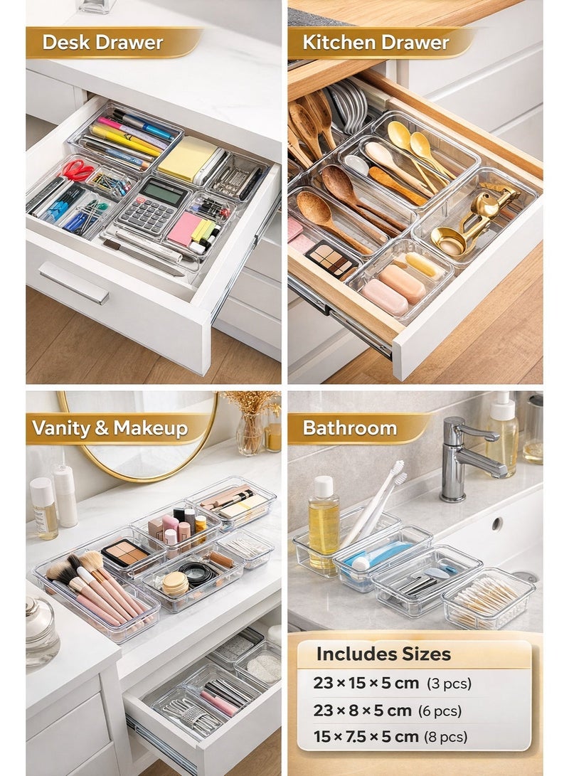 إي وورلد صينية منظم أدراج بلاستيكية شفافة مكونة من 25 قطعة ، وصناديق تخزين فواصل للأدراج للحمام ، وتخزين الغرور والاكسسوارات ، وحاويات بلاستيكية صغيرة وكبيرة للمكياج والمطبخ والأواني - Image 4