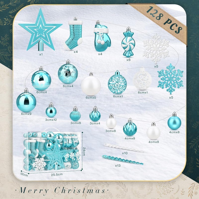 SOLEDI Light Blue Ornaments for Christmas Tree,128 pcs Christmas Ball Ornaments,Christmas Tree Decorations Set Shatterproof for Xmas Tree Decor, Gift Package with Reusable Hand - Image 2