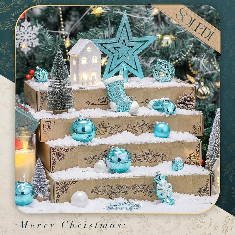 SOLEDI Light Blue Ornaments for Christmas Tree,128 pcs Christmas Ball Ornaments,Christmas Tree Decorations Set Shatterproof for Xmas Tree Decor, Gift Package with Reusable Hand - Image 5