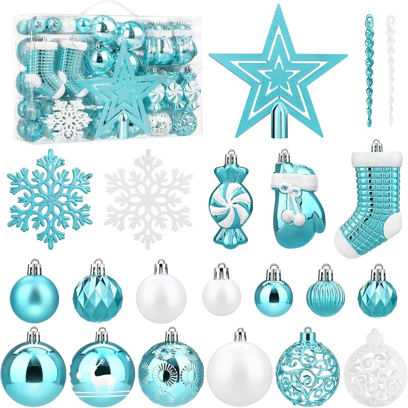 SOLEDI Light Blue Ornaments for Christmas Tree,128 pcs Christmas Ball Ornaments,Christmas Tree Decorations Set Shatterproof for Xmas Tree Decor, Gift Package with Reusable Hand - Image 1