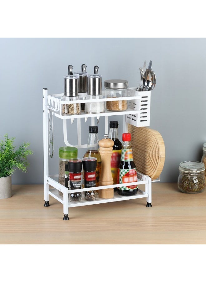 Atticus رف توابل أتيكوس ذو طبقتين مع حامل أدوات تخزين أنيق على السطح للتوابل والصلصات وأدوات المطبخ تصميم موفر للمساحة أبيض 32.5x20x40 سم - Image 1