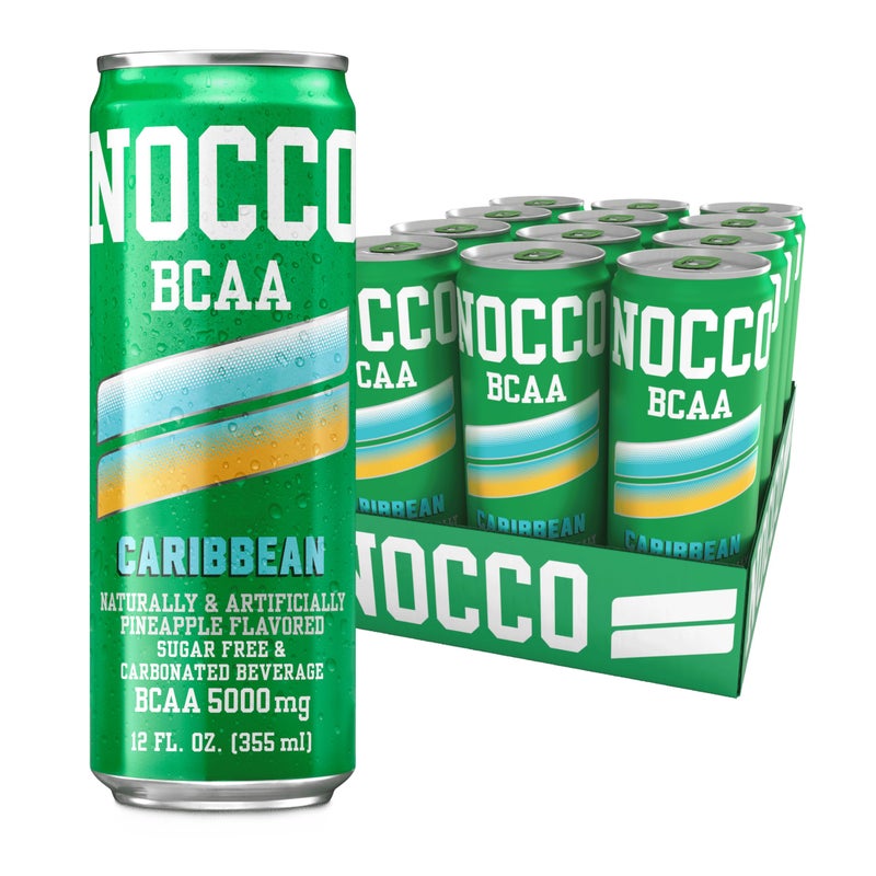 NOCCO مشروب NOCCO صفر سكر BCAA، كاريبي - 12 أونصة سائلة (عبوة من 12) - 0 ملغ كافيين، خالي من السكر مع الأحماض الأمينية متفرعة السلسلة، مكربن ومنخفض السعرات الحرارية، فيتامينات ب، مشروب أداء جاهز للاستخدام - Image 1