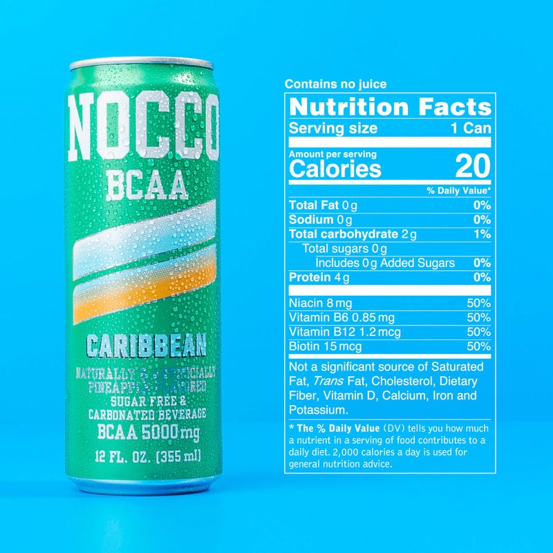NOCCO مشروب NOCCO صفر سكر BCAA، كاريبي - 12 أونصة سائلة (عبوة من 12) - 0 ملغ كافيين، خالي من السكر مع الأحماض الأمينية متفرعة السلسلة، مكربن ومنخفض السعرات الحرارية، فيتامينات ب، مشروب أداء جاهز للاستخدام - Image 5
