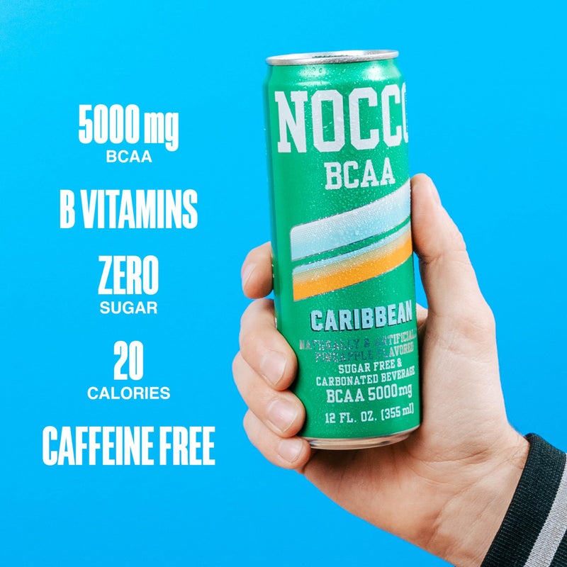 NOCCO مشروب NOCCO صفر سكر BCAA، كاريبي - 12 أونصة سائلة (عبوة من 12) - 0 ملغ كافيين، خالي من السكر مع الأحماض الأمينية متفرعة السلسلة، مكربن ومنخفض السعرات الحرارية، فيتامينات ب، مشروب أداء جاهز للاستخدام - Image 3