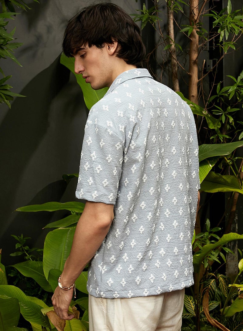 Campus Sutra Campus Sutra Men's Baby Blue Floral-Tactile Oversized Shirt For Casual Wear | Spread Collar | Short Sleeve | Button Closure | Oversized Shirt Crafted With Comfort Fit For Everyday Wear - Image 5