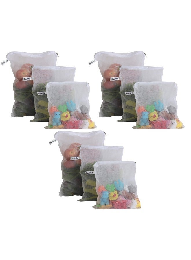Beddify Set of 9 Reusable Fridge Storage Bags for Vegetables and Fruits with Zipper Dual Layer Mesh Net Multipurpose Multi-Size Kitchen Storage Bags Organizer (White) - Image 1