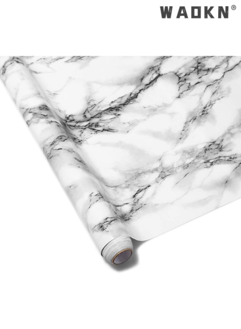 دبليو أيه أو كي أن ملصقات حائط رخامية، ورق حائط ذاتي اللصق مقاس 500 × 40 سم من مادة PVC المقاومة للماء والزيت، ورق اتصال قابل للإزالة للمطبخ والحمام وخزانة الأثاث - حبر أبيض - Image 1