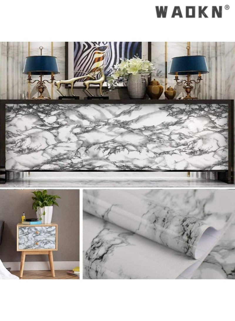 دبليو أيه أو كي أن ملصقات حائط رخامية، ورق حائط ذاتي اللصق مقاس 500 × 40 سم من مادة PVC المقاومة للماء والزيت، ورق اتصال قابل للإزالة للمطبخ والحمام وخزانة الأثاث - حبر أبيض - Image 3