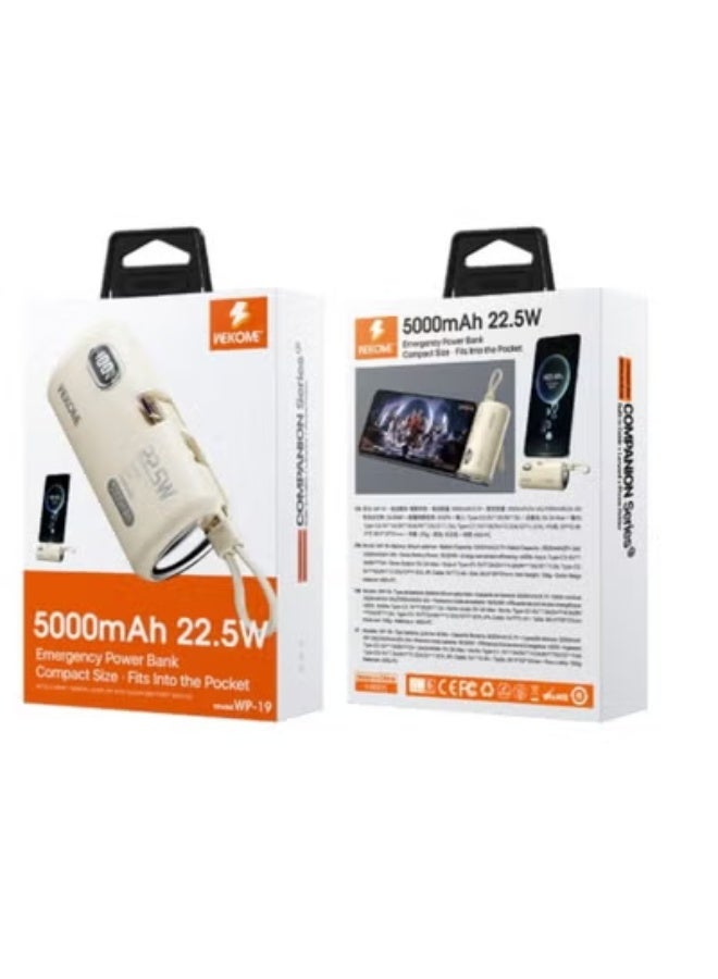 ويكومي WP-19 5000mAh 22.5W Companion Series Power Bank – Super Fast Charging Portable Charger with Type-C Input/Output | Compact Lightweight Travel Battery Pack for Phones & Devices – Beige - Image 1