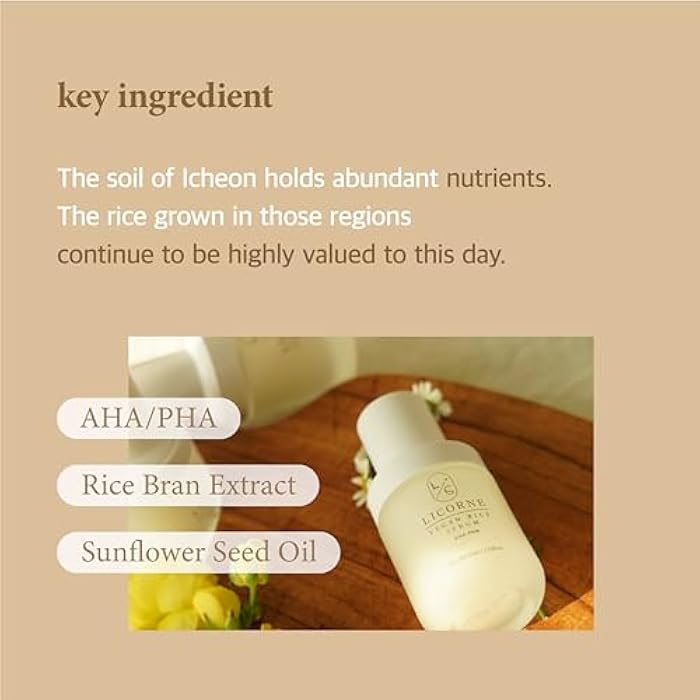 LICORNE Korean Vegan Rice Bran Serum 1.52oz - Hydrating Face Moisturizer with AHA/PHA, Sunflower Oil - Lightweight Daily Formula K-Beauty - Image 5