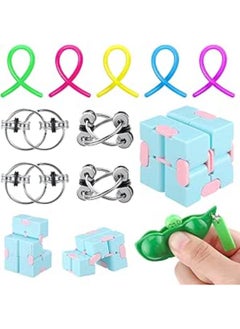 Generic 8 Pieces Bundle Sensory Fidget Set Anxiety Relief Bundle Fidget Cube Keyring Pea Keychain Soybean Stretchy String for Birthday, Classroom Rewards Prizes 