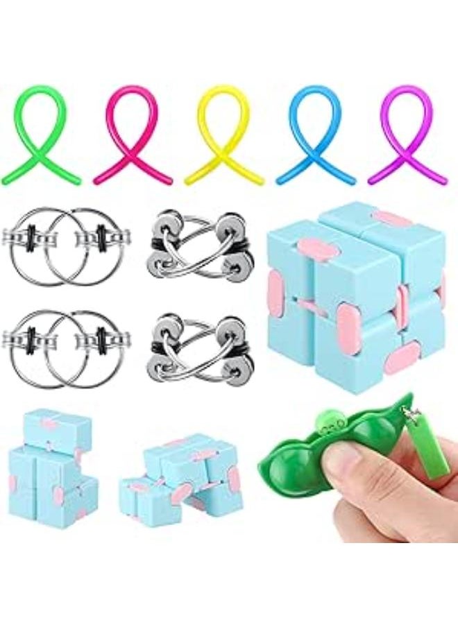 8 Pieces Bundle Sensory Fidget Set Anxiety Relief Bundle Fidget Cube Keyring Pea Keychain Soybean Stretchy String for Birthday, Classroom Rewards Prizes 