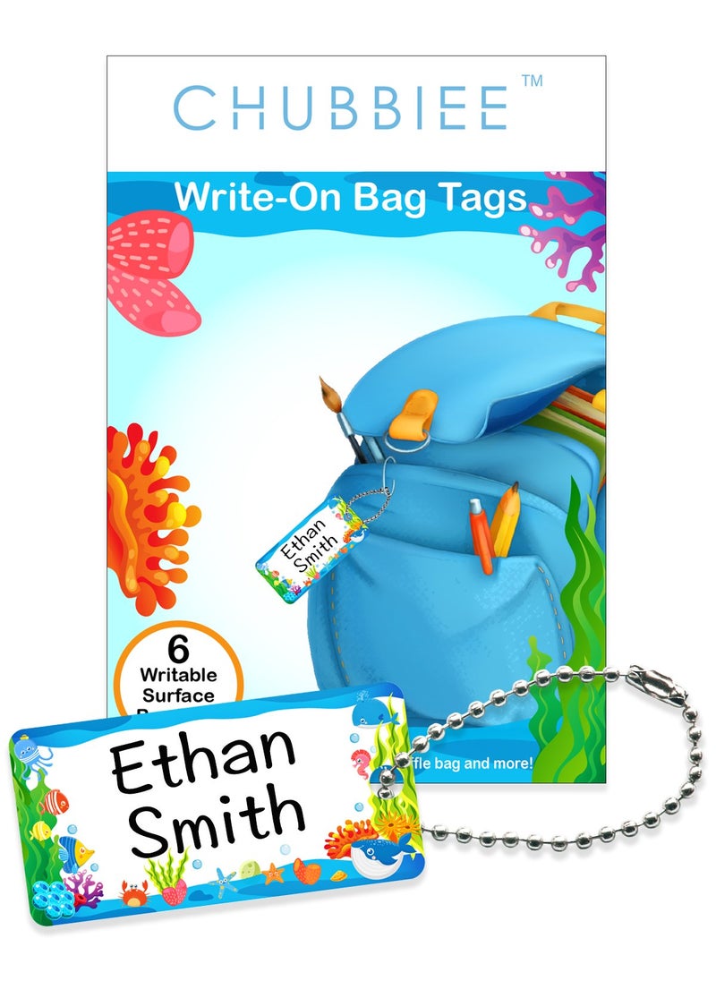 CHUBBIEE Child ID Bag Tags, Write-On Kids Name Tags for Backpack, Lunchbox & Diaper Bag, Great for Preschool & Daycare, Pack of 6 (Blue Ocean)  - Image 1