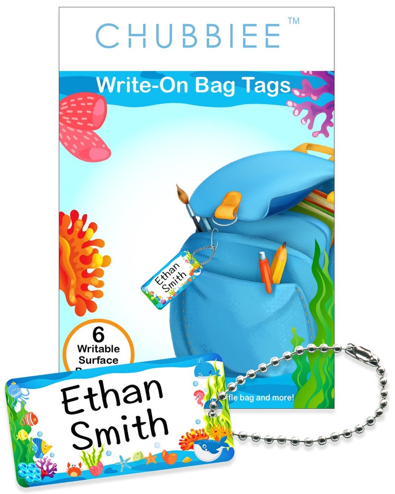 CHUBBIEE Child ID Bag Tags, Write-On Kids Name Tags for Backpack, Lunchbox & Diaper Bag, Great for Preschool & Daycare, Pack of 6 (Blue Ocean) - Image 1