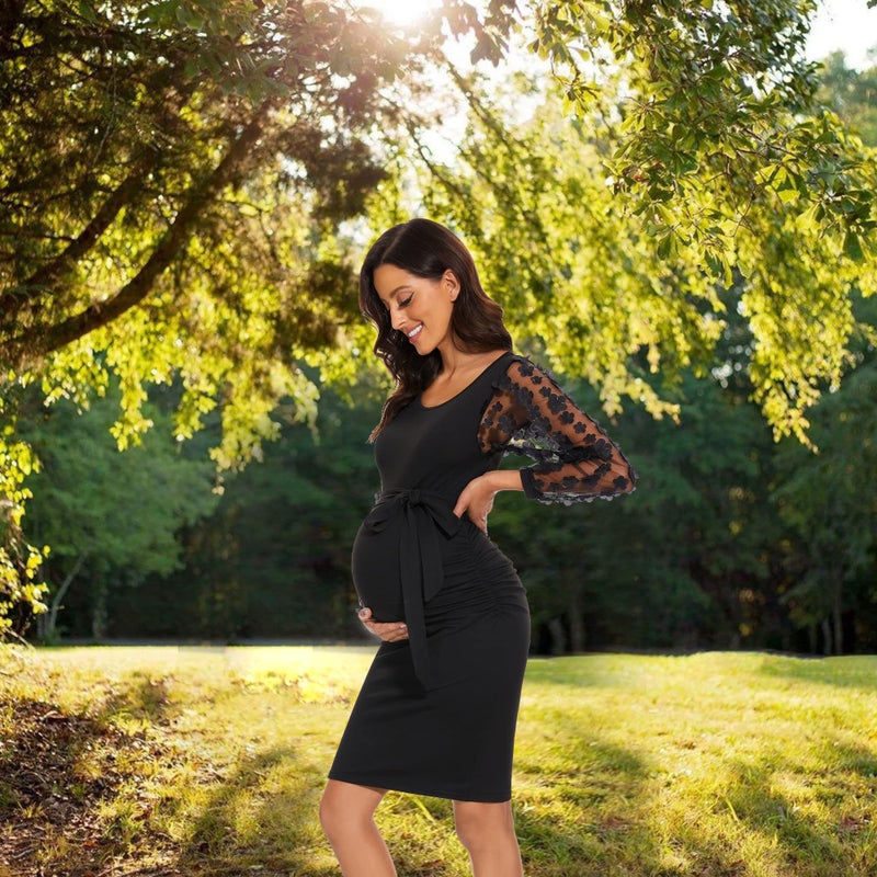 LAHILO Floral Mesh Bishop Long Sleeve Maternity Midi Dress, Fall Maternity Bodycon Dress for Baby Shower Black - Image 4