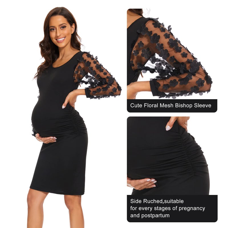 LAHILO Floral Mesh Bishop Long Sleeve Maternity Midi Dress, Fall Maternity Bodycon Dress for Baby Shower Black - Image 5