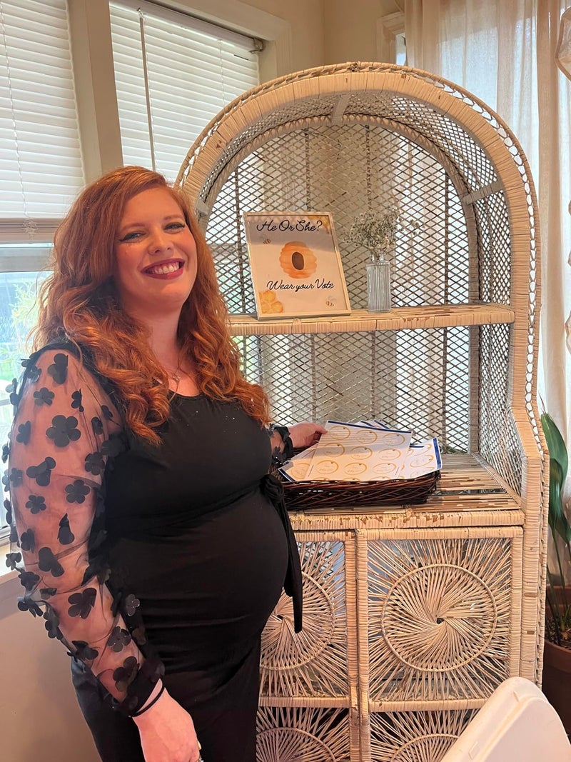 LAHILO Floral Mesh Bishop Long Sleeve Maternity Midi Dress, Fall Maternity Bodycon Dress for Baby Shower Black - Image 2