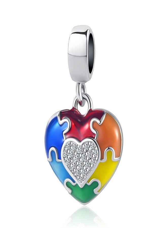 QeenseKc Autism Awareness Puzzle Piece Heart Pendant Charm Colorful Enamel Bead for Pandora Bracelet - Image 1