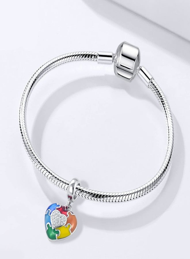 QeenseKc Autism Awareness Puzzle Piece Heart Pendant Charm Colorful Enamel Bead for Pandora Bracelet - Image 4