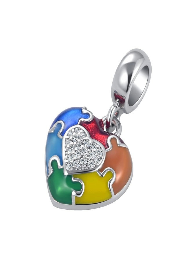 QeenseKc Autism Awareness Puzzle Piece Heart Pendant Charm Colorful Enamel Bead for Pandora Bracelet - Image 2