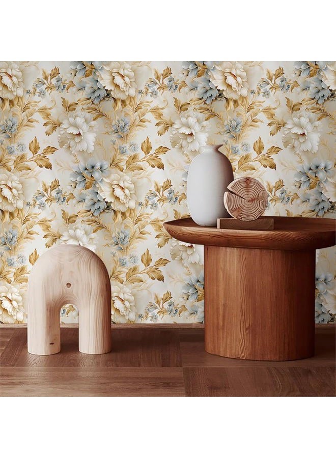 MuralPeel ورق جدران قابل للإزالة ذات تصميم زهور البوني الأزرق باللونين الأبيض والذهبي الأصفر، سهل اللصق والإزالة، مناسب لغرف النوم والخزائن للمستأجرين - Image 3