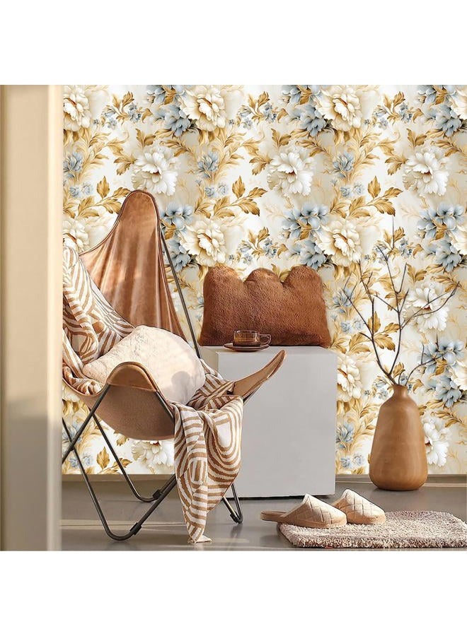 MuralPeel ورق جدران قابل للإزالة ذات تصميم زهور البوني الأزرق باللونين الأبيض والذهبي الأصفر، سهل اللصق والإزالة، مناسب لغرف النوم والخزائن للمستأجرين - Image 2
