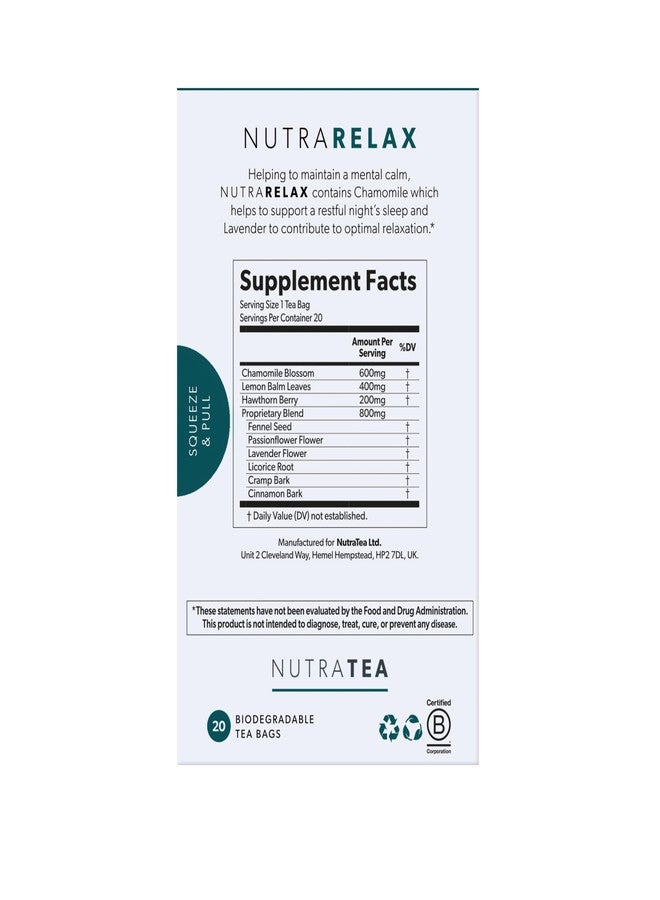 Nutra Tea نيوترا ريلاكس - شاي مهدئ للنوم - يساعد على الاسترخاء والنوم - يحتوي على البابونج، والمليسا، وزهرة الآلام - 20 كيس شاي مغلف - من نيوترا تي - شاي أعشاب - Image 3