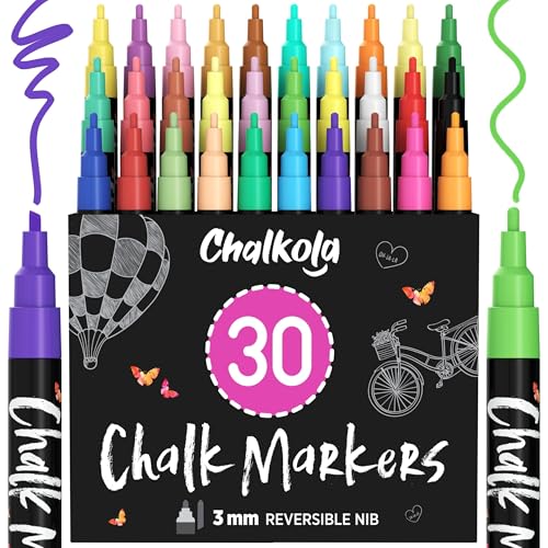 Chalkola Fine Tip Chalk Markers 30 Pack Neon Pastel Chalk Pens Dry Erase Marker Pens for Blackboard Chalkboards Signs Windows Bistro 3mm Reversible Tip - Image 1