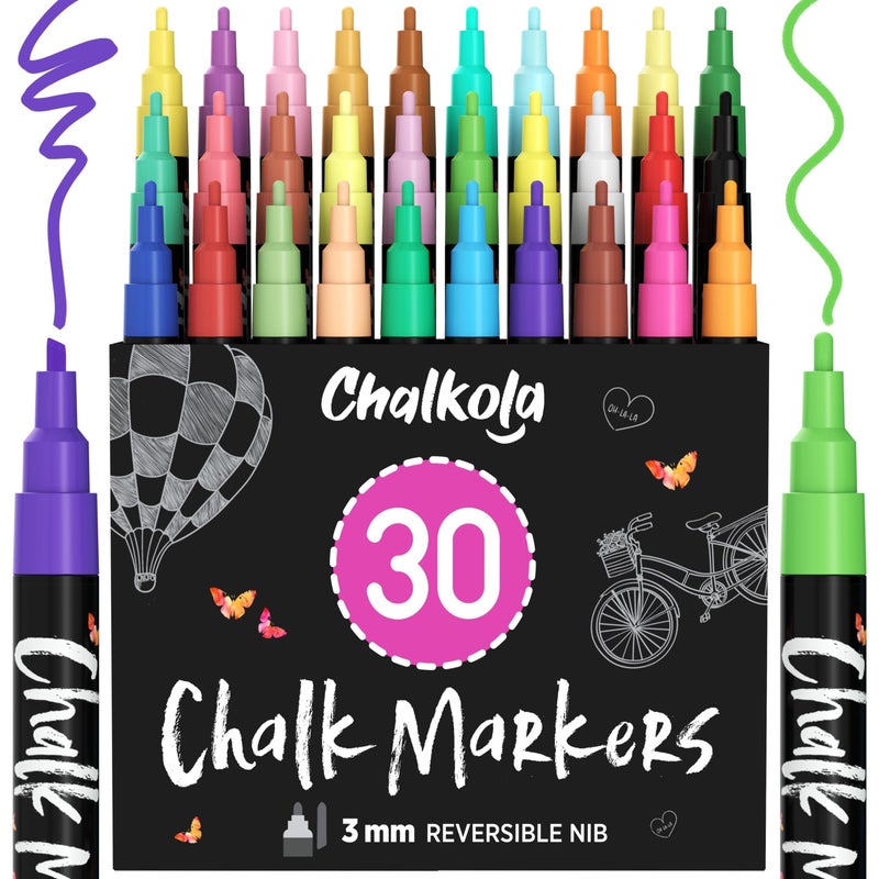 Chalkola Fine Tip Chalk Markers 30 Pack Neon Pastel Chalk Pens Dry Erase Marker Pens for Blackboard Chalkboards Signs Windows Bistro 3mm Reversible Tip - Image 2