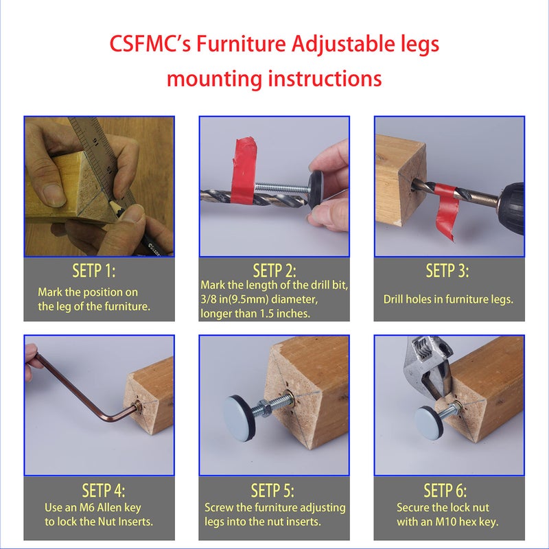 CSFMC Furniture Leveler PTFE(Teflon) Bottom(28mm Base),Threaded Shank(1/4-20) Adjust Pads,Table/Chair/Cabinet/Sofa Medium Adjustable Legs Leveling,Nuts Installation and Floor Protection(16 Pack) - Image 4