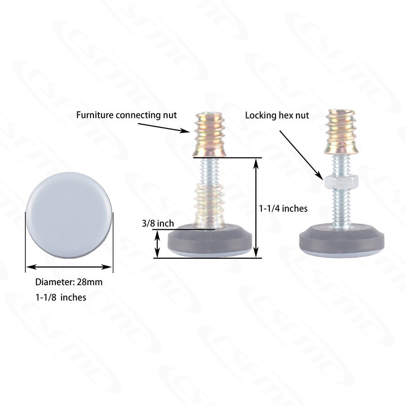 CSFMC Furniture Leveler PTFE(Teflon) Bottom(28mm Base),Threaded Shank(1/4-20) Adjust Pads,Table/Chair/Cabinet/Sofa Medium Adjustable Legs Leveling,Nuts Installation and Floor Protection(16 Pack) - Image 2